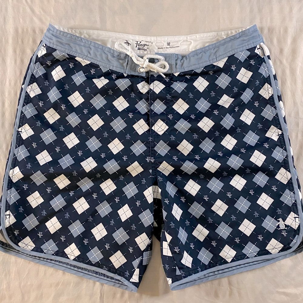Original Penguin Swimsuit/Board Shorts, Size 32 (M), Blue Argyle